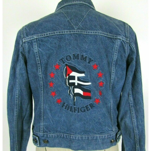 Tommy Hilfiger Jeans Trucker Jacket Vintage Embroidered Denim Stars Flags Size M - Picture 1 of 7